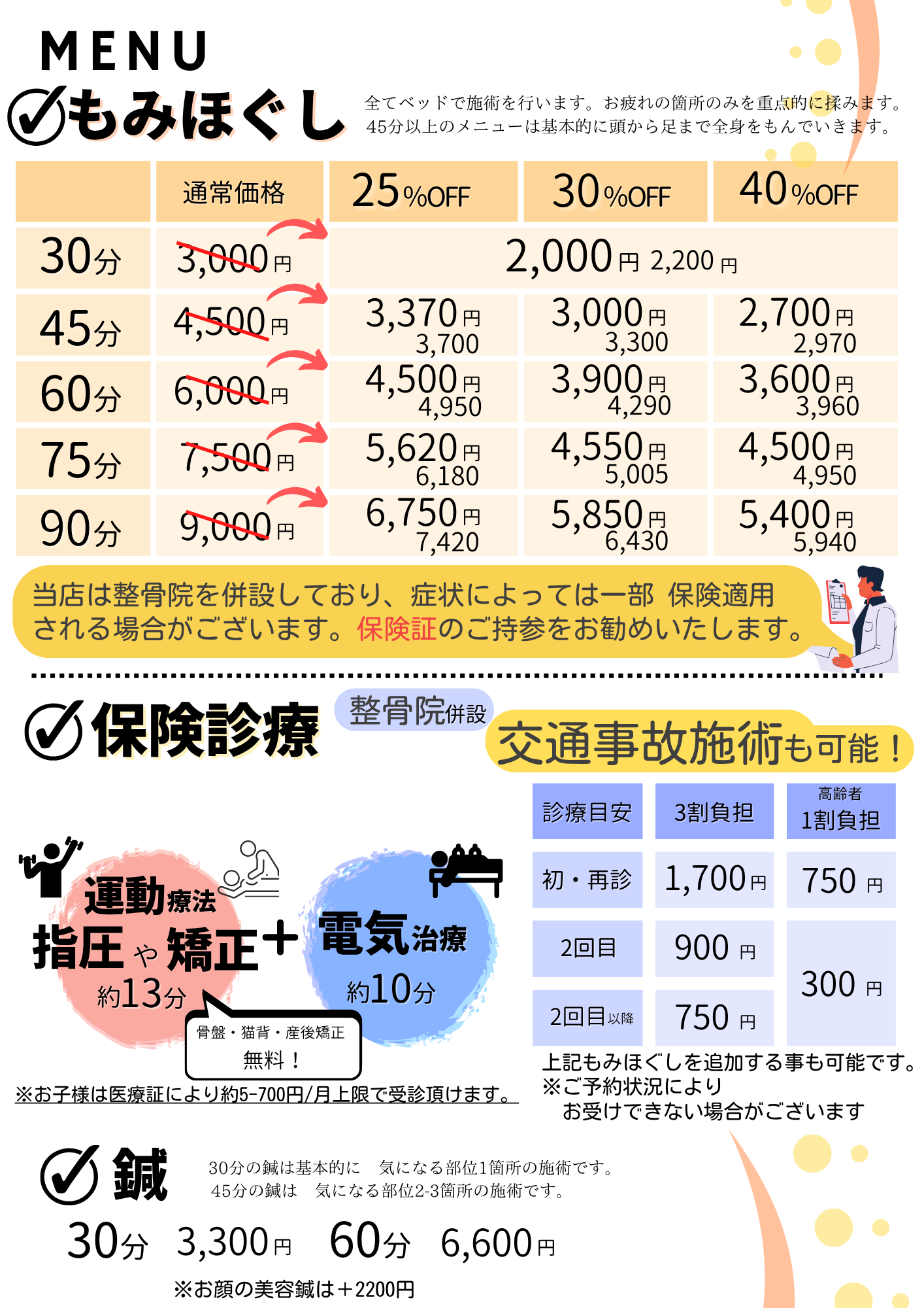 もみほぐしMENU 全てベッドで施術を行います。お疲れの箇所のみを重点的に揉みます。45分以上のメニューは基本的に頭から足まで全身を揉んでいきます。